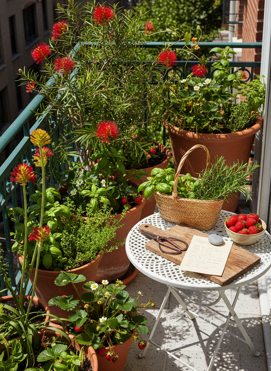 A sun-drenched balcony garden in early Southern Hemisphere summer, filled with terracotta pots of thriving herbs, strawberries, and flowering natives like grevillea and kangaroo paw. A small bistro table holds a woven basket of freshly picked herbs, a pair of vintage-style scissors, and a handwritten recipe card weighted with a smooth river stone. Bright midday light creates crisp shadows and illuminates the lush greens and vibrant reds. Photographic realism, captured from a slightly elevated angle with sharp focus throughout, conveying an energetic, playful mood of urban seasonal magic—harvesting, cooking, and crafting rituals from a tiny outdoor space.