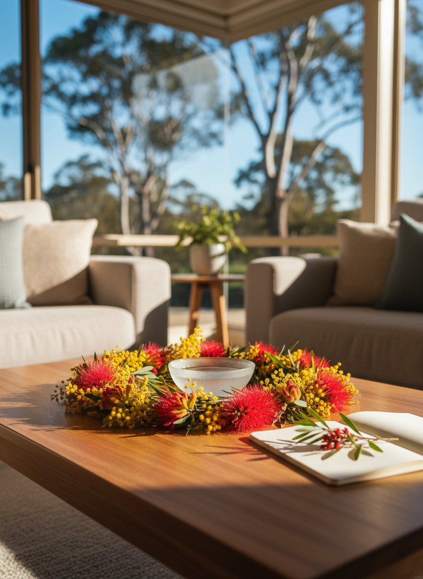 A sunlit living room corner in the Southern Hemisphere spring, with a low timber coffee table styled as a seasonal altar. A neatly arranged circle of native Australian flowers—wattle, kangaroo paw, and bottlebrush—surrounds a small bowl of rainwater and a simple notebook with a sprig of grevillea resting on top. Outside the window, blurred gum trees sway in a soft breeze under a bright sky. Golden morning light pours in, creating dappled patterns on the table and cushions. Photographic realism, shot from a slightly elevated angle, with a bright, inviting mood that feels playful yet quietly reverent toward the turning year.