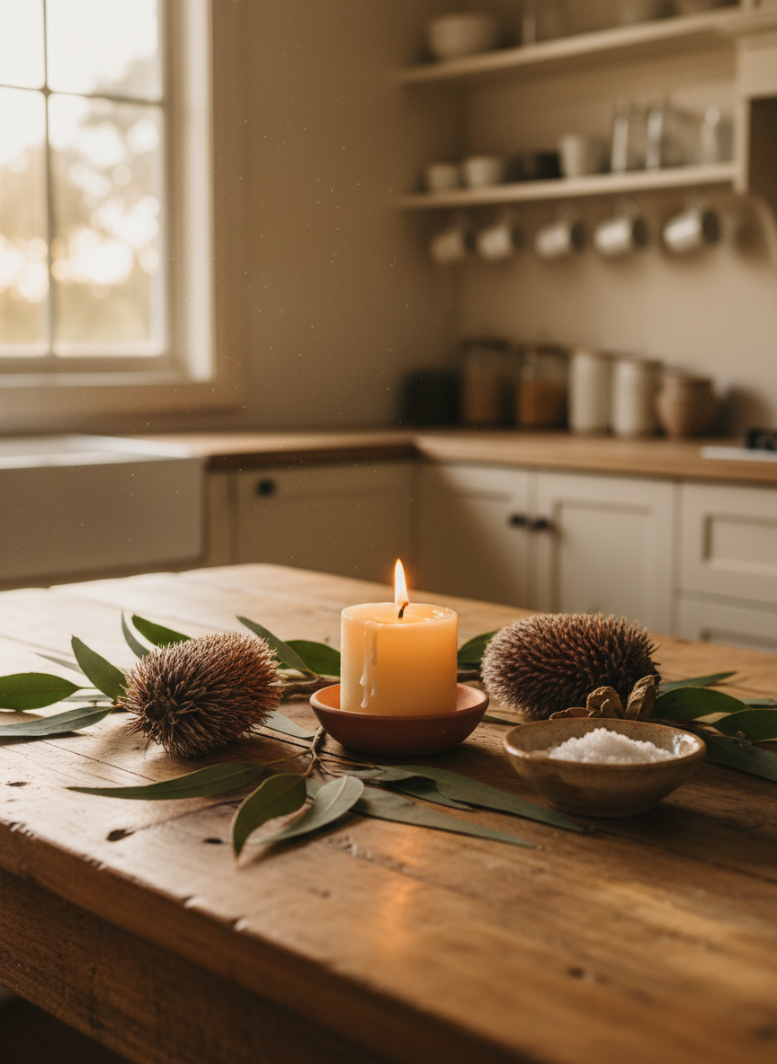 A rustic wooden kitchen table in an Australian home, its honey-toned surface scattered with fresh eucalyptus leaves, banksia cones, and a small ceramic bowl of sea salt. At the center sits a hand-poured beeswax candle in a simple clay holder, its flame just beginning to pool golden wax. Soft late-afternoon light from a nearby window catches the fine dust motes and creates gentle highlights on the leaves and candle, leaving the background cupboards in a warm blur. Photographic realism, shot at eye level with a shallow depth of field, evoking a calm, playful sense of everyday seasonal magic woven quietly into domestic life.