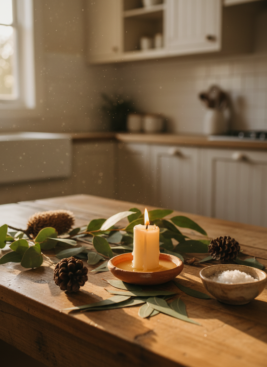 A rustic wooden kitchen table in an Australian home, its honey-toned surface scattered with fresh eucalyptus leaves, banksia cones, and a small ceramic bowl of sea salt. At the center sits a hand-poured beeswax candle in a simple clay holder, its flame just beginning to pool golden wax. Soft late-afternoon light from a nearby window catches the fine dust motes and creates gentle highlights on the leaves and candle, leaving the background cupboards in a warm blur. Photographic realism, shot at eye level with a shallow depth of field, evoking a calm, playful sense of everyday seasonal magic woven quietly into domestic life.