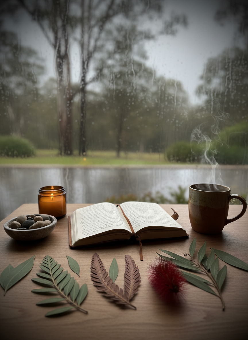 A cozy desk by a rain-streaked window on an overcast autumn afternoon in Australia, set up for seasonal reflection. An open journal with handwritten pages is surrounded by a tidy fan of pressed native leaves—eucalyptus, banksia, and bottlebrush—alongside a warm ceramic mug of herbal tea steaming gently. A small stone bowl filled with collected beach pebbles sits at the edge. Cool, diffused light from the window softens every edge, while a single amber glass candle jar glows warmly in contrast. Photographic realism, eye-level composition with a gentle vignette effect, creating an introspective, comforting mood that invites quiet ritual and personal magic.