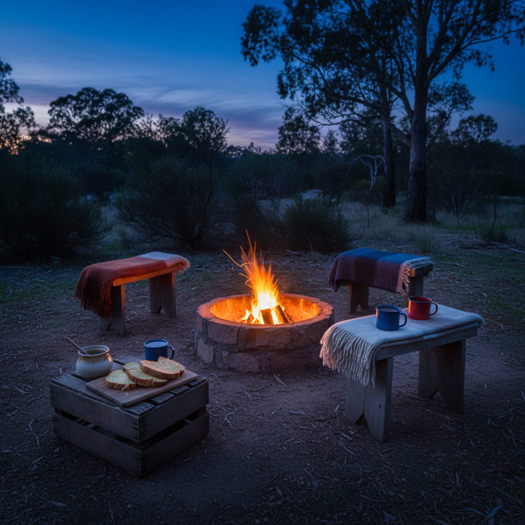 A backyard fire pit area prepared for a simple seasonal ritual on a crisp Southern Hemisphere winter evening. A circular stone fire pit holds a small, steady flame, surrounded by low timber stools draped with folded blankets. On a nearby crate used as a side table, a wooden board carries sliced damper bread, a small pot of golden syrup, and enamel mugs waiting for hot chocolate. The surrounding native shrubs and gum trees are just visible in the blue hour light, while the fire casts warm, flickering highlights and long shadows. Photographic realism, wide shot with deep focus, capturing a playful yet reverent atmosphere of family tradition under the turning sky.