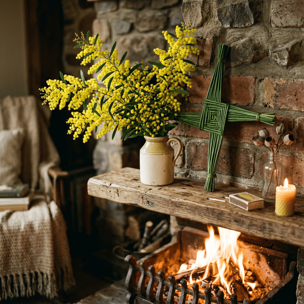 Yellow mimosa in a vase beside a woven cross and lit fireplace