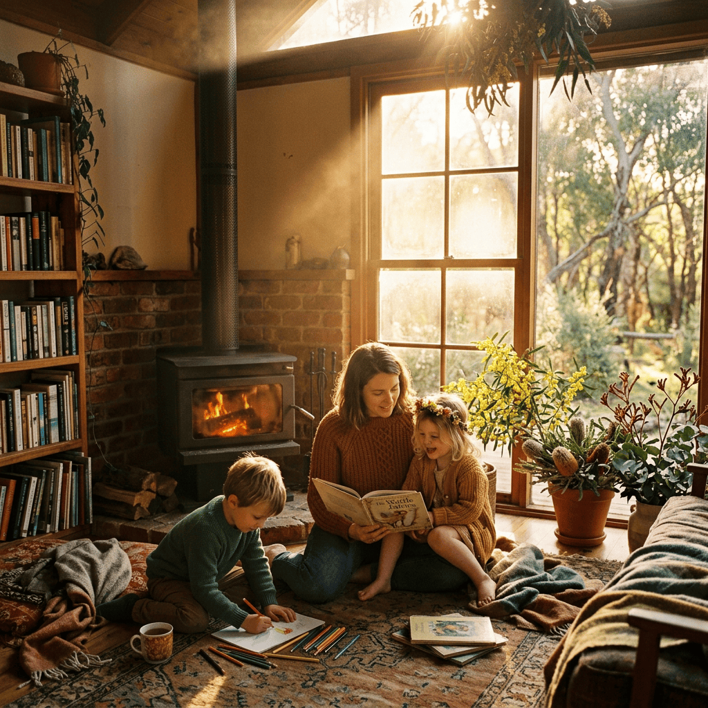 Mother reading a book with daughter while son draws beside a wood stove