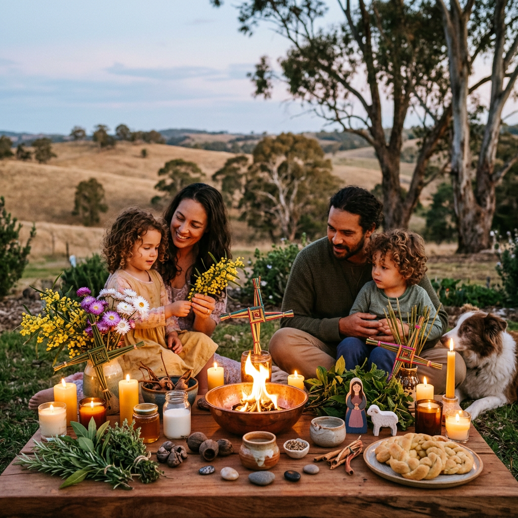 Family gathered around candlelit harvest table with flowers, food, and dog
