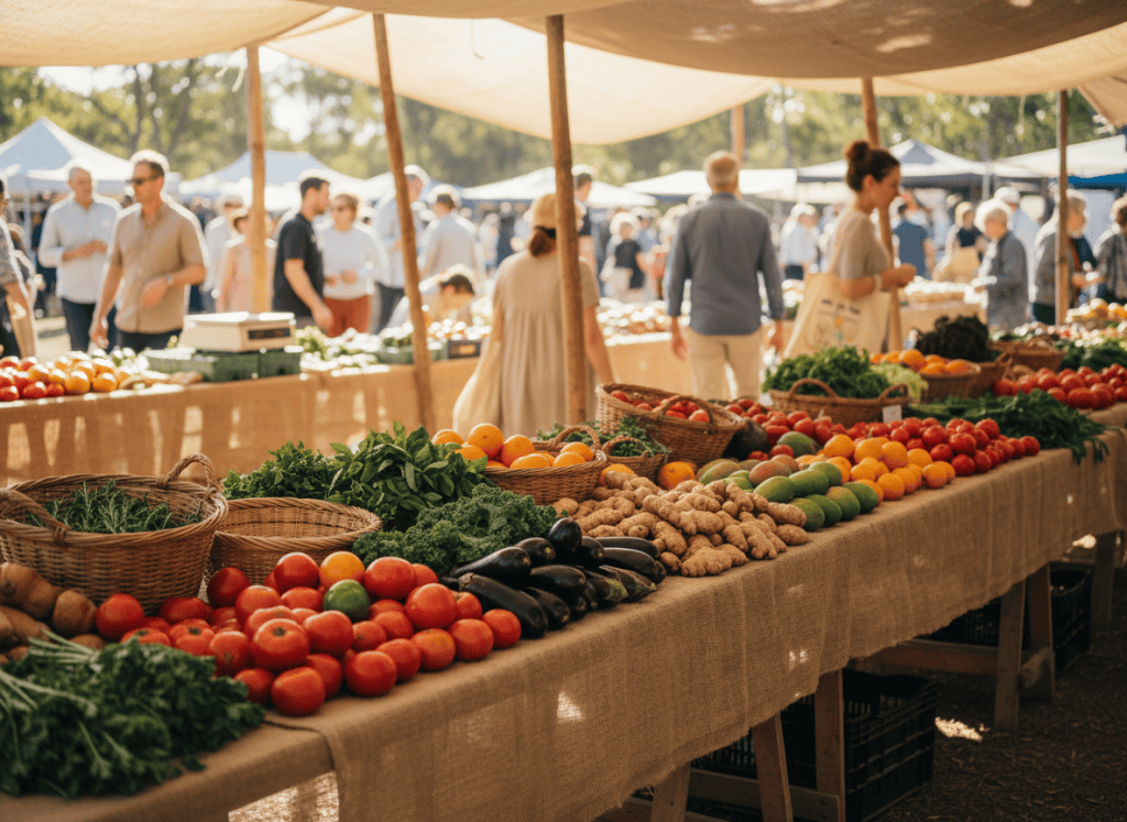 A warm, intimate photograph of a local Australian farmers market on a sunny morning. Wooden trestle tables filled with seasonal fresh vegetables, herbs, and fruit. Natural hessian and earthy tones. Soft golden light filtering through. A few people browsing in the background, relaxed and unhurried. The feeling of community and seasonal abundance. Warm, inviting, and grounded — not staged or commercial.