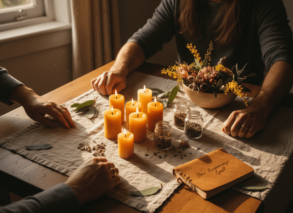 A warm, intimate photographic image blending three rituals: a simple candle ritual with softly glowing candles, a family ritual with gathered hands around a shared table, and a new beginnings spell with fresh flowers, seeds, and morning light. Australian flora subtly present. The mood is cosy, hopeful, and magical — like a page from a well-loved personal grimoire. Warm golden tones, natural textures, handmade and intimate feeling. No dark or moody aesthetics.