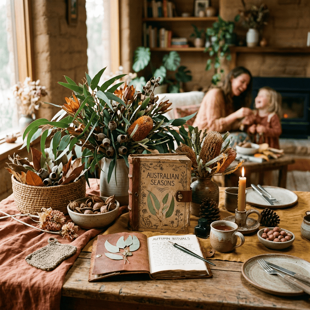 Autumn table with Australian Seasons book and Autumn Rituals journal