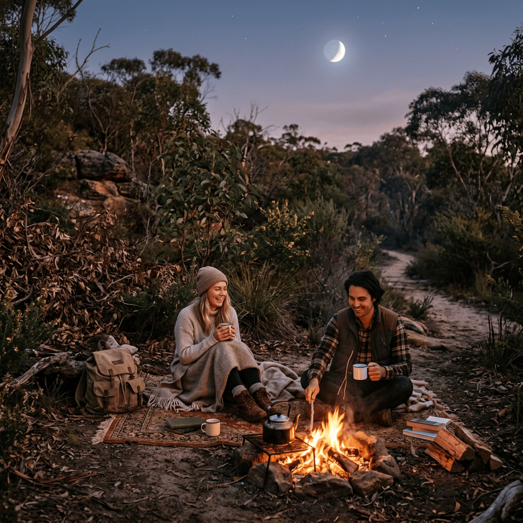 Two people drinking tea beside a campfire under a crescent moon
