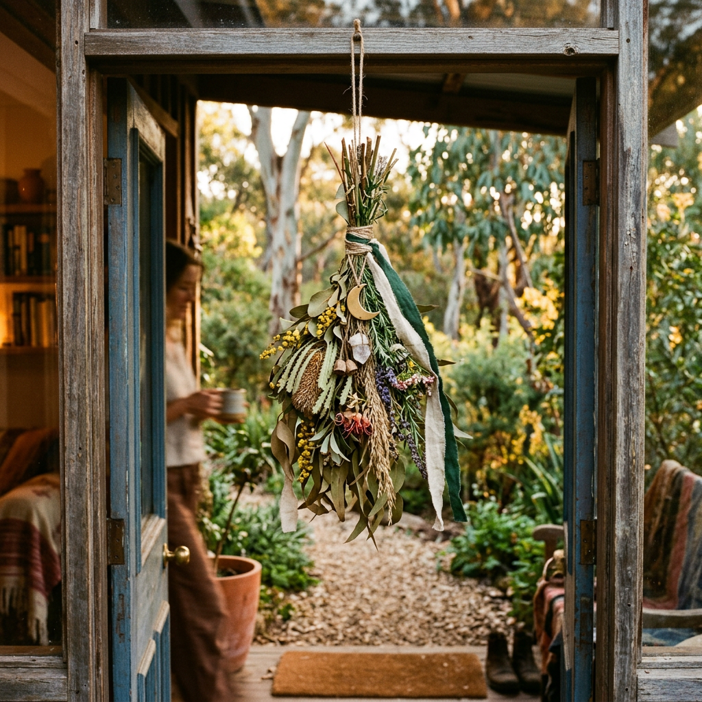 Dried botanical bundle hanging in an open doorway to a garden