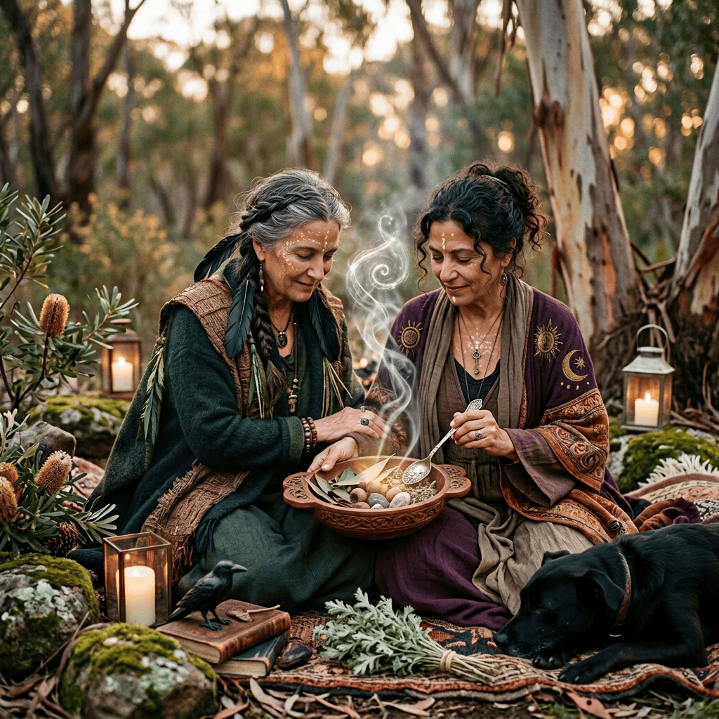 Two women conducting a woodland ritual with herbs, stones, candles, a crow, and a dog