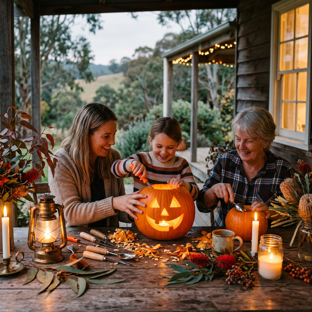 Three generations carving pumpkins together on a warmly lit country porch