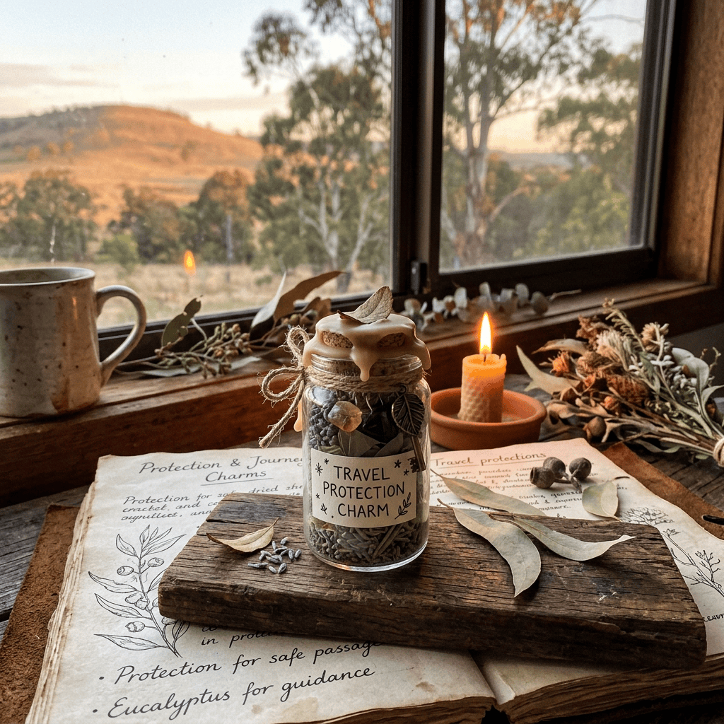 Jar labeled “TRAVEL PROTECTION CHARM” on handwritten herbal protection notes
