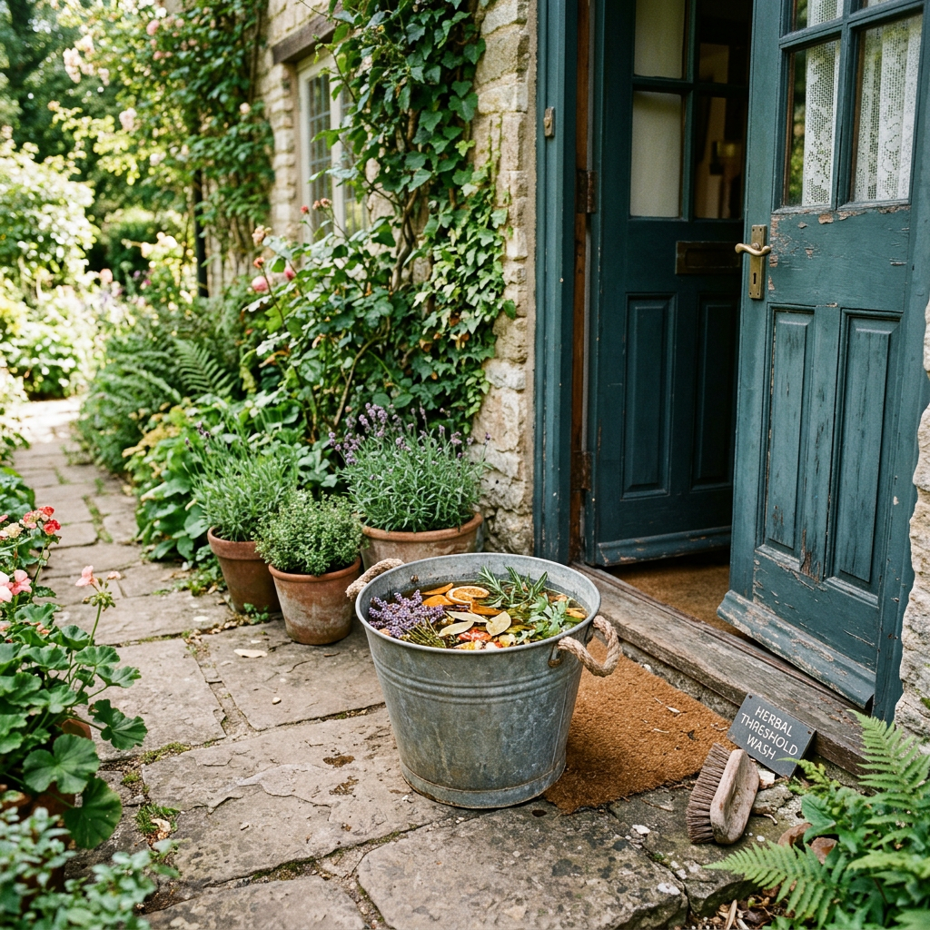 Herbal threshold wash in a metal bucket beside a cottage door