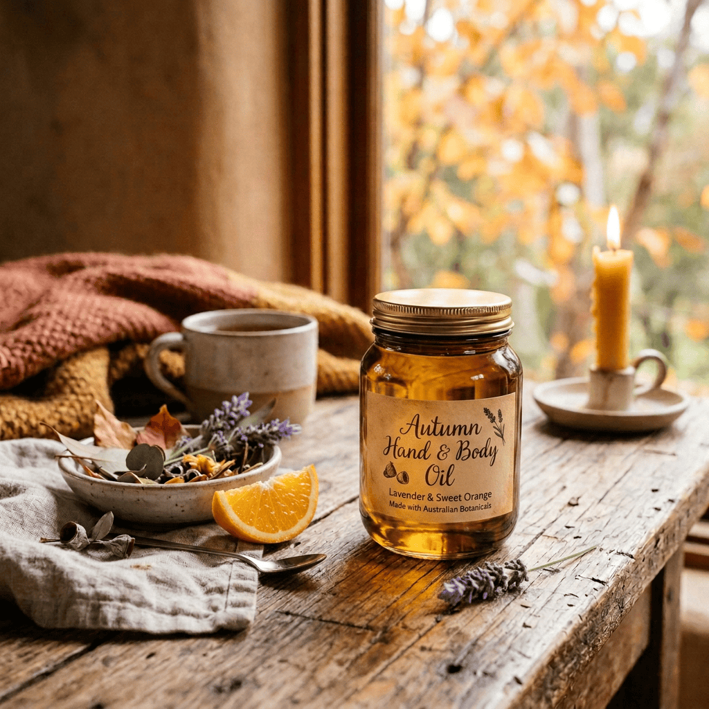 Australian Autumn Hand & Body Oil jar labeled Handmade in the Dandenongs, Cezy Woods & Bergamot, 100ml e; tag reads Botanical Balm.