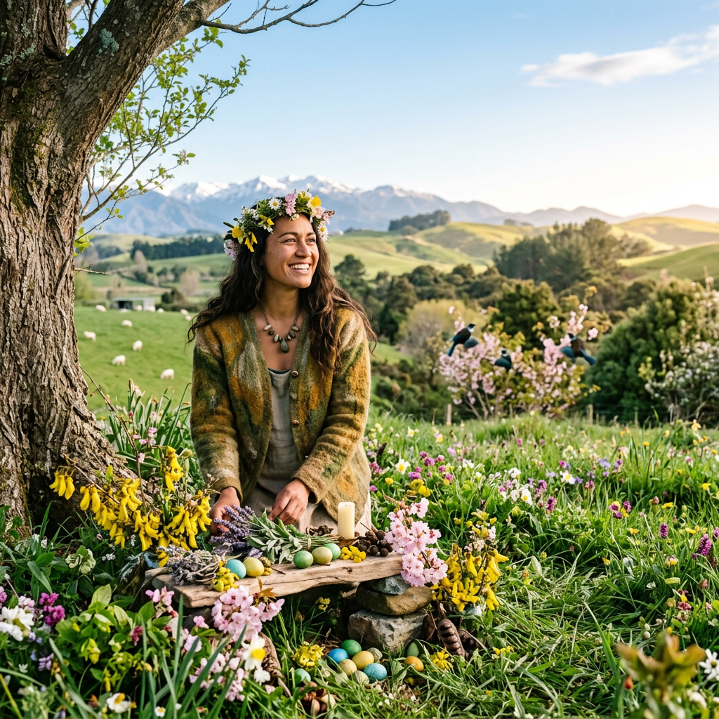 Smiling woman arranging flowers and colorful eggs in a mountain meadow