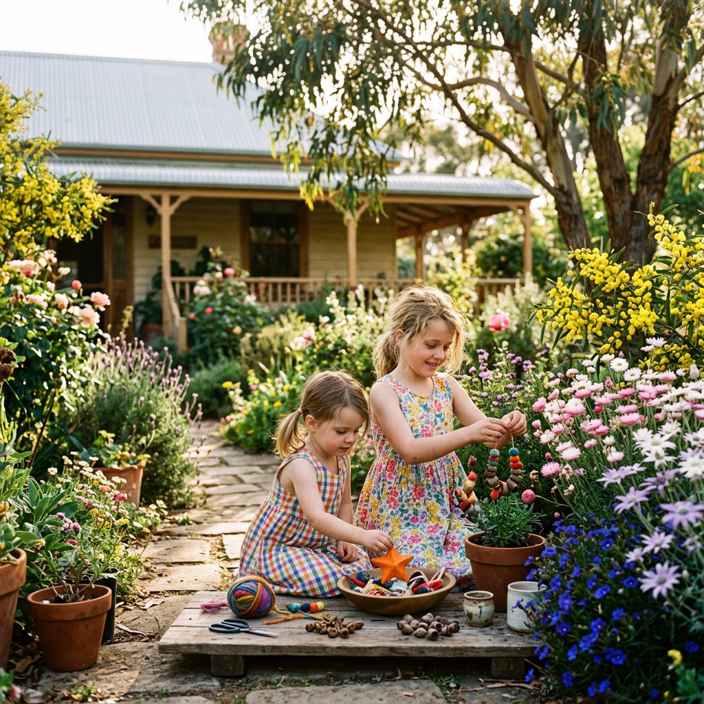 Two girls making colorful crafts in a flower-filled cottage garden