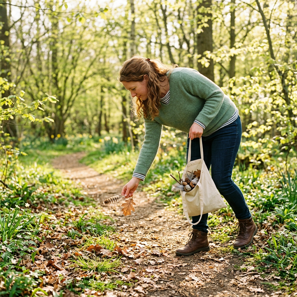 Woman collecting leaves and natural objects on a woodland path