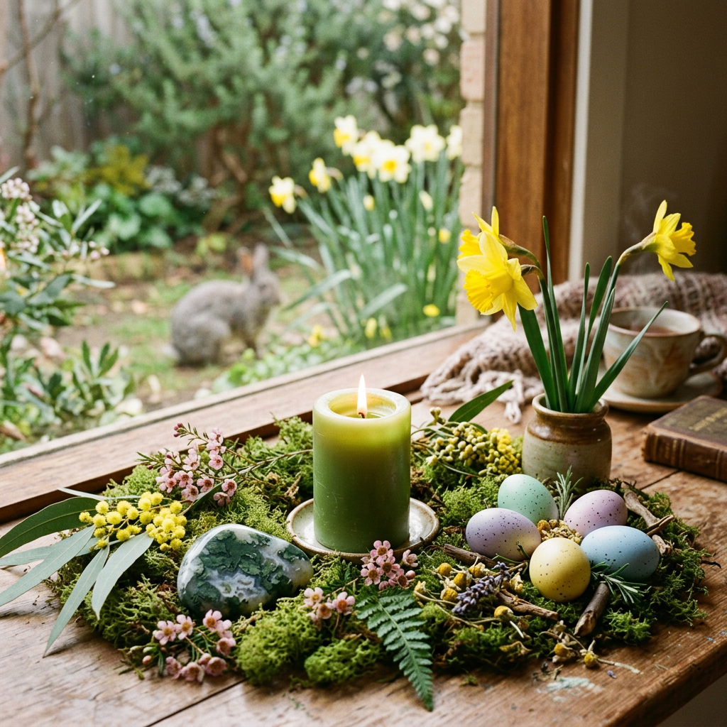 Spring centerpiece with candle, flowers, moss, and pastel eggs