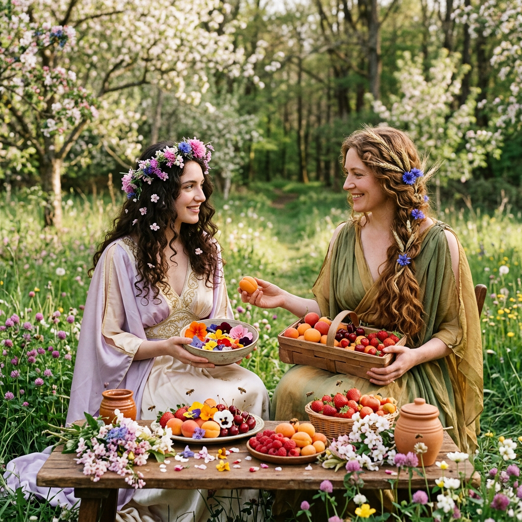 Two women sharing fruit and flowers at a spring woodland picnic