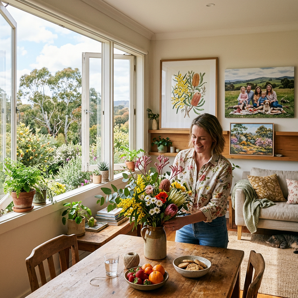Woman arranging a colorful flower bouquet beside a sunlit garden window
