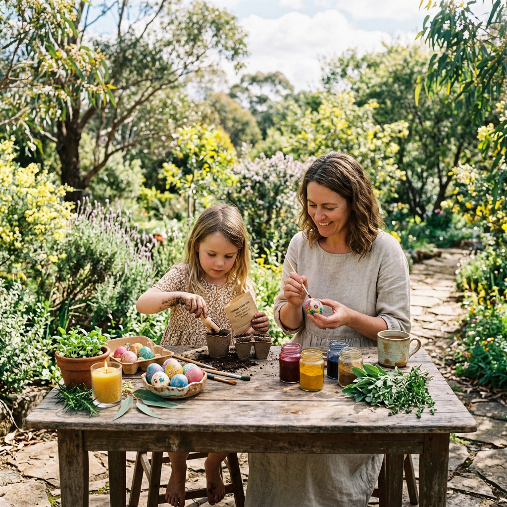 Mother and daughter decorating colorful Easter eggs at a garden table