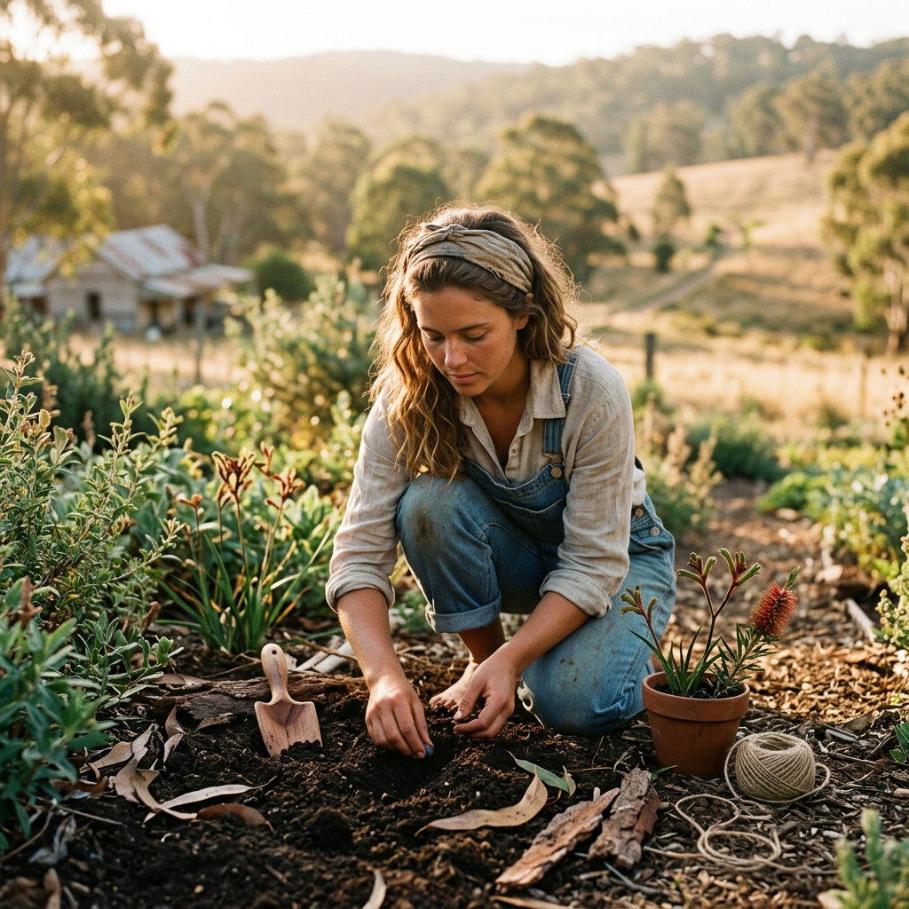 Woman planting seedlings in a rural garden with a hand trowel nearby