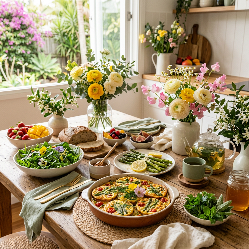 Spring brunch table with frittata, salad, fruit, asparagus, bread, tea, and flowers