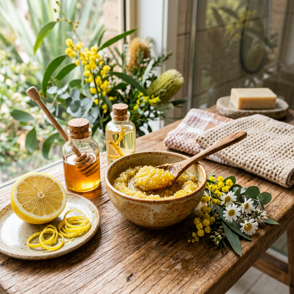 Bowl of citrus scrub with honey jars, lemon, flowers, and folded towels