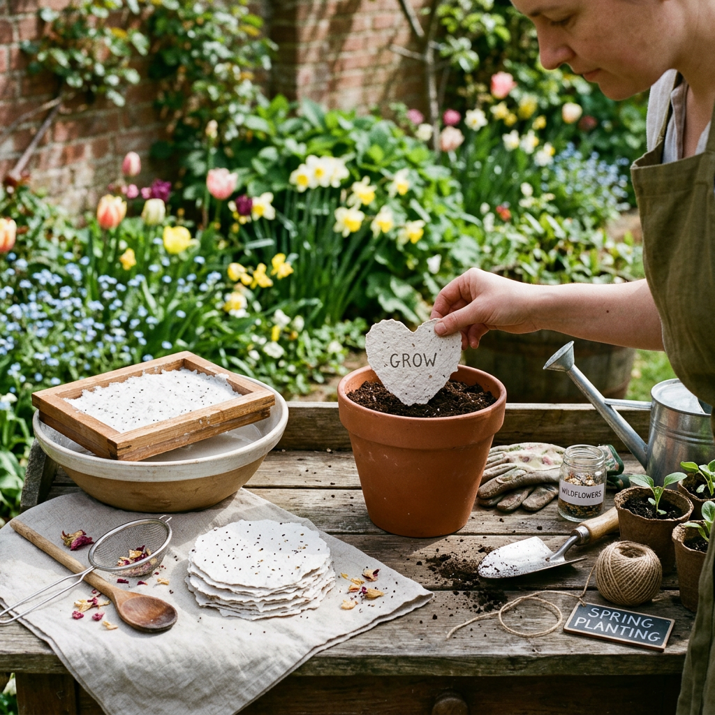 Gardener planting a GROW marker beside WILDFLOWERS and SPRING PLANTING signs