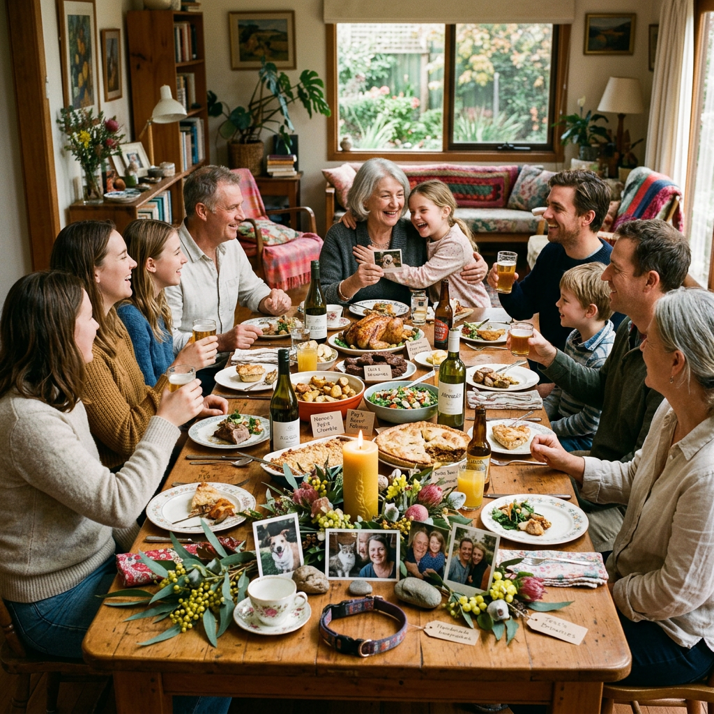 Multigenerational family laughing together around a festive dinner table