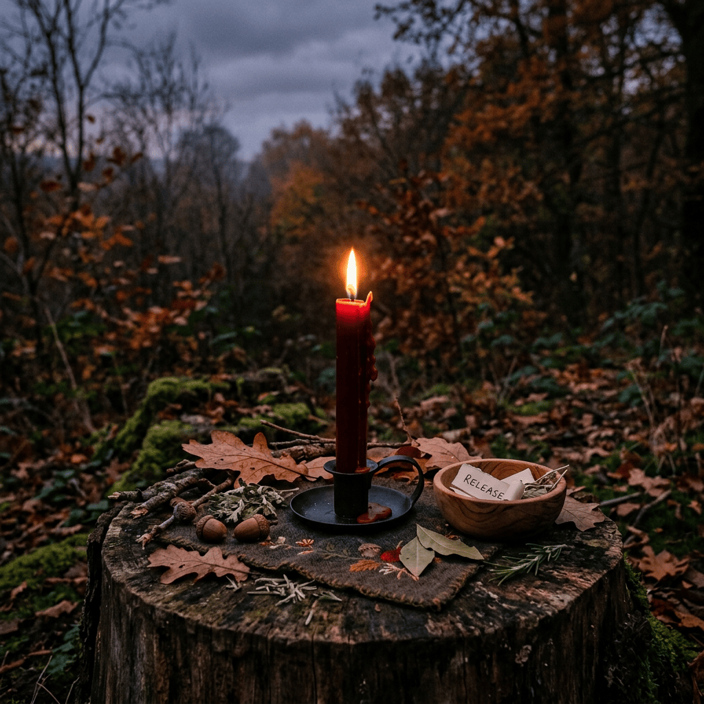 Red candle and bowl holding a note labeled “RELEASE”