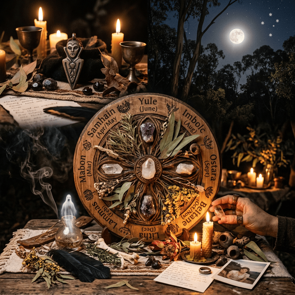 Wheel of the Year altar with candles, herbs, crystals, and ritual objects