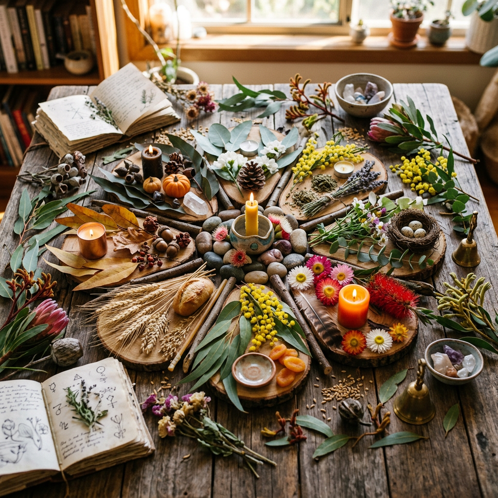 Rustic table arranged with flowers, herbs, candles, crystals, and open botanical journals