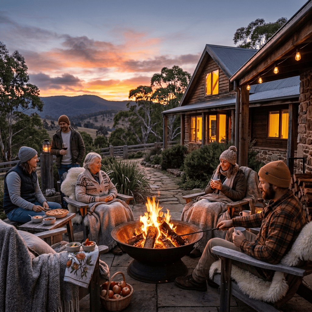 Woman relaxing beside a fire pit outside a snowy mountain cabin