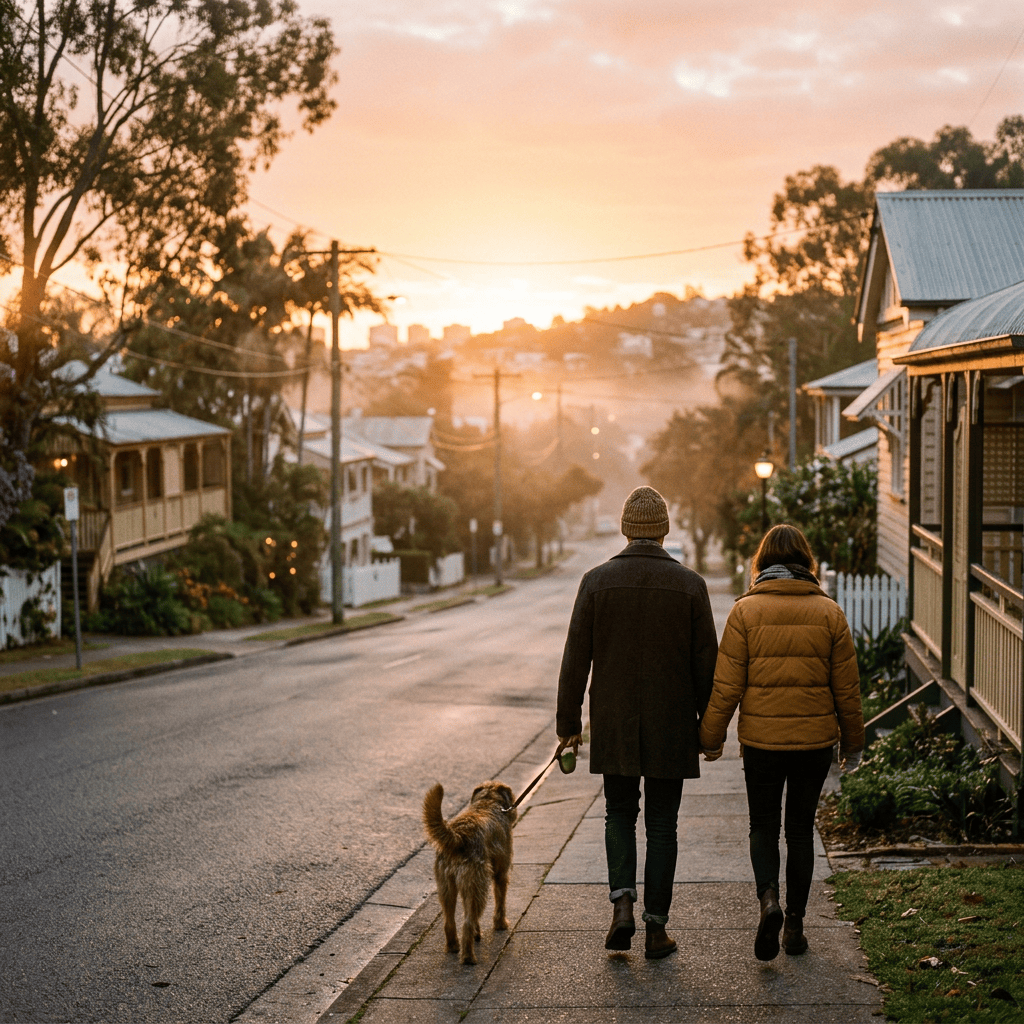 Couple walking a dog down a residential street at sunset