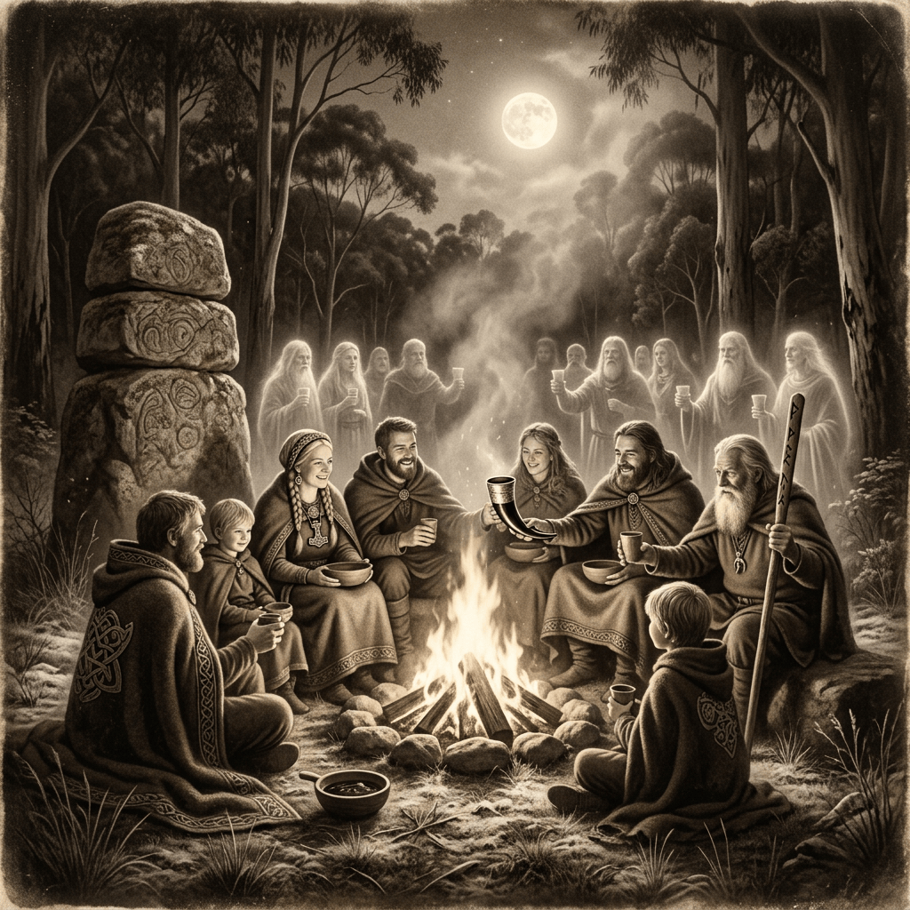 Robed community gathering around a campfire beneath a full moon
