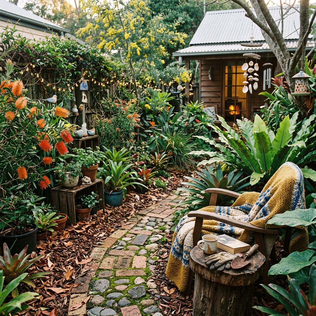 Lush garden path leading to a chair with tea and book