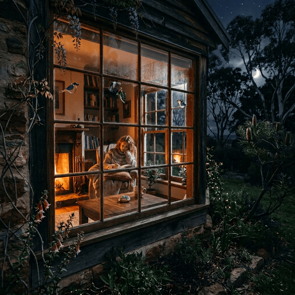 Open journal and mug beside a fireplace and moonlit window