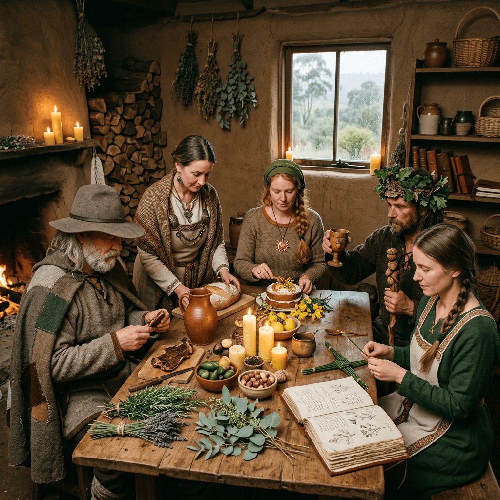 Five people gathered around a rustic table with food, herbs, candles, and an open illustrated book