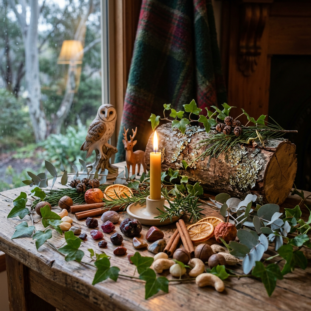 Lit candle surrounded by greenery, spices, dried fruit, owl, deer, and log
