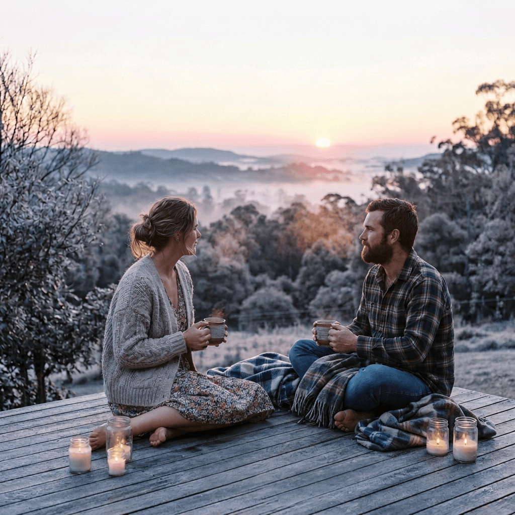 Family sitting together on a deck overlooking misty hills at sunset