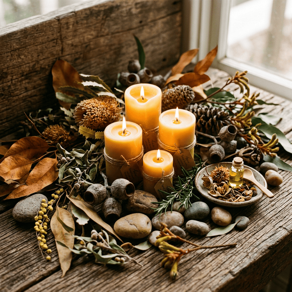 Four lit amber candles surrounded by autumn leaves, stones, and dried botanicals