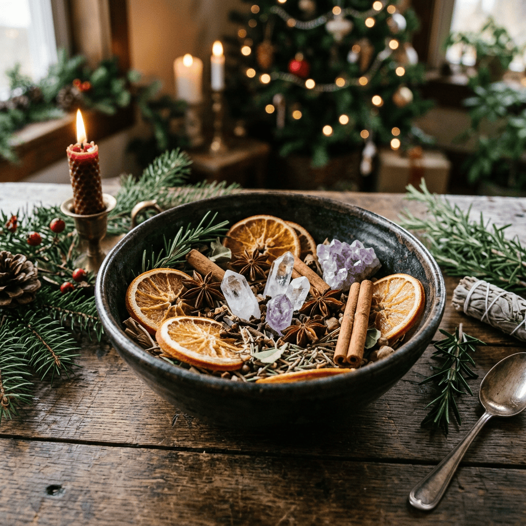 Bowl of dried oranges, cinnamon, star anise, herbs, and crystals beside Christmas decorations