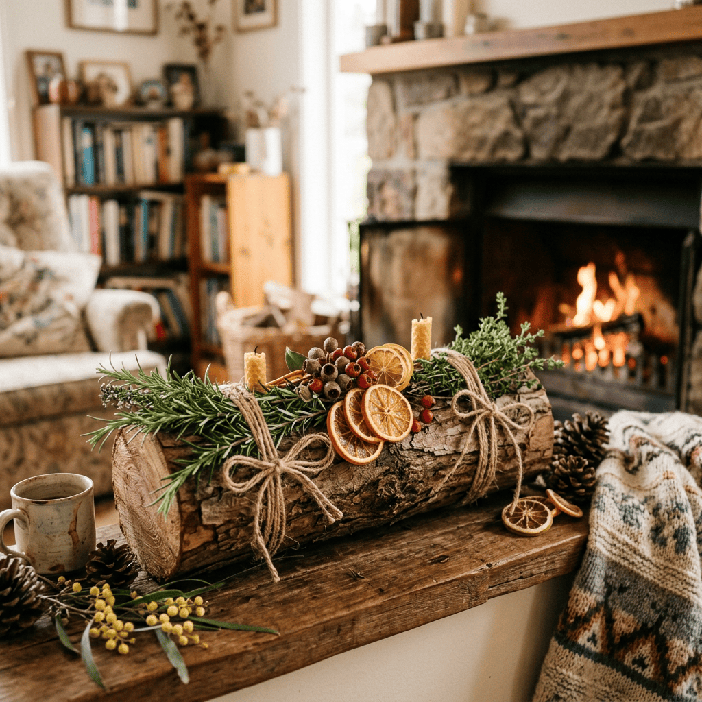 Rustic evergreen log centerpiece with candles, berries, and dried oranges