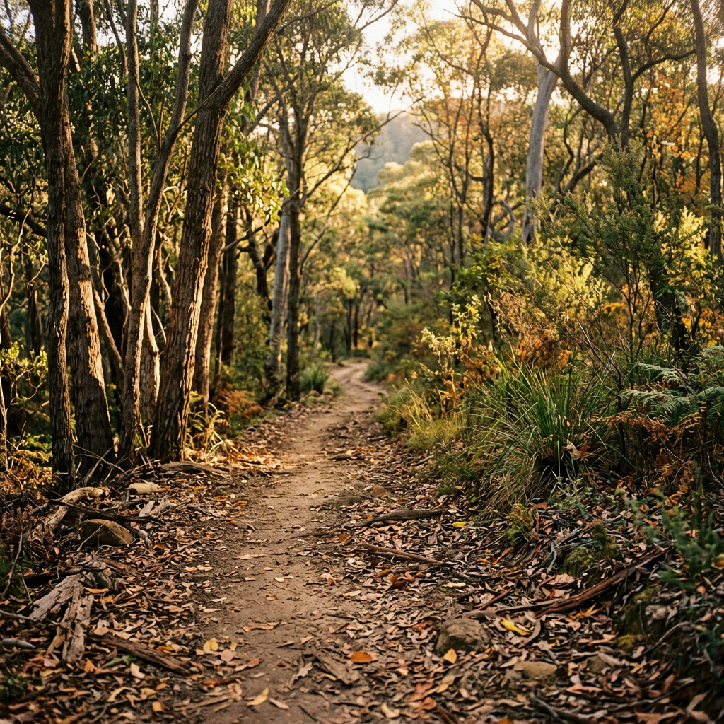 Dirt trail winding through a sunlit autumn woodland
