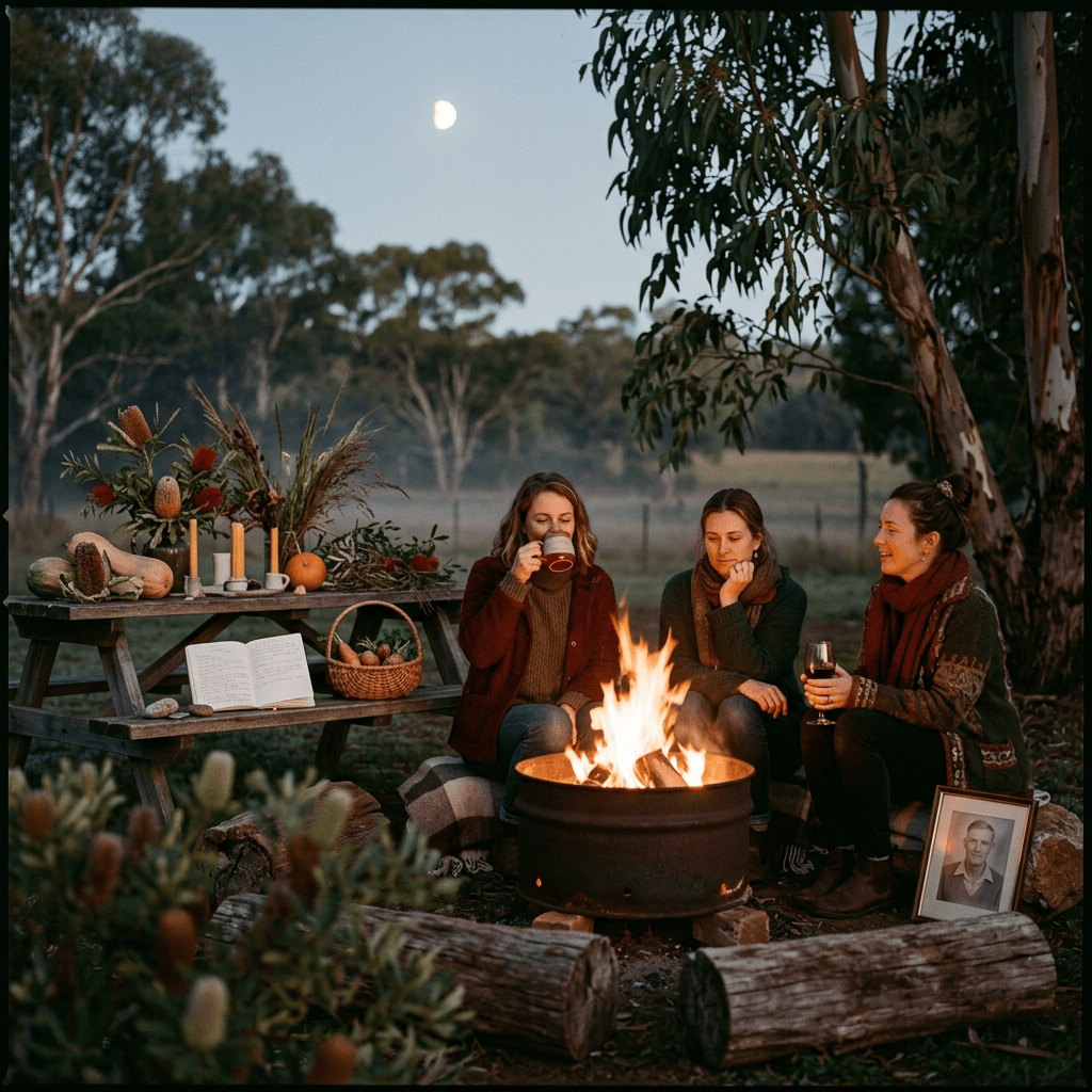 Three women gather around a fire outdoors at dusk