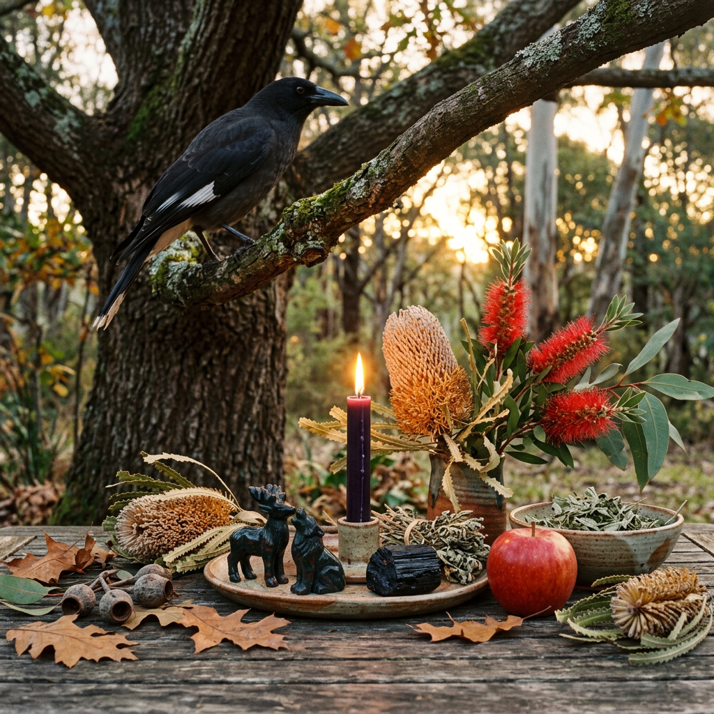 Black bird perched above a candlelit autumn woodland arrangement