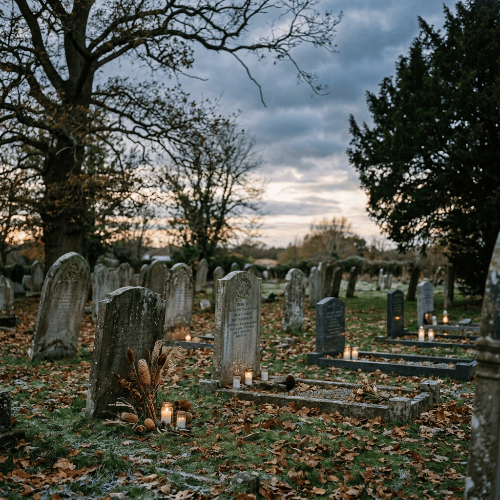 Three people placing flowers beside gravestones in an autumn cemetery