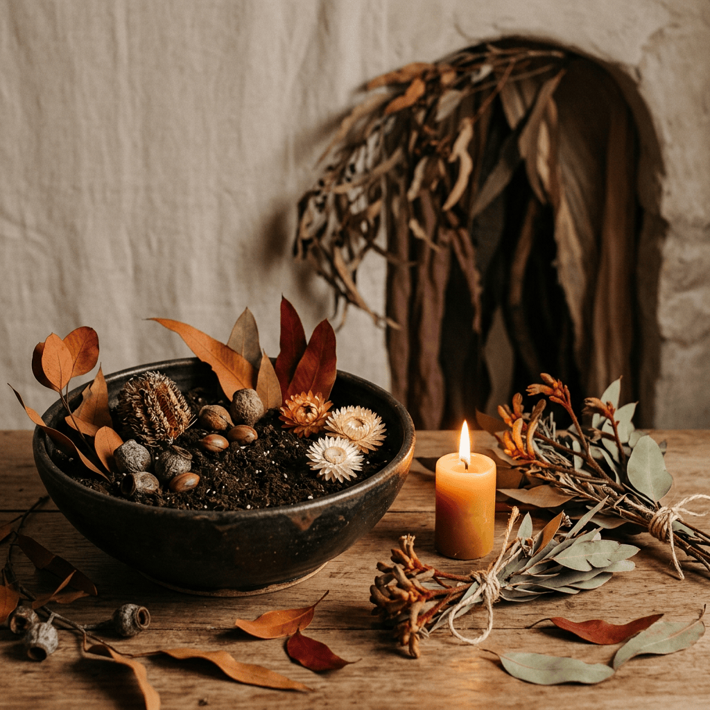 Autumn botanical arrangement in a bowl beside dried foliage and candle